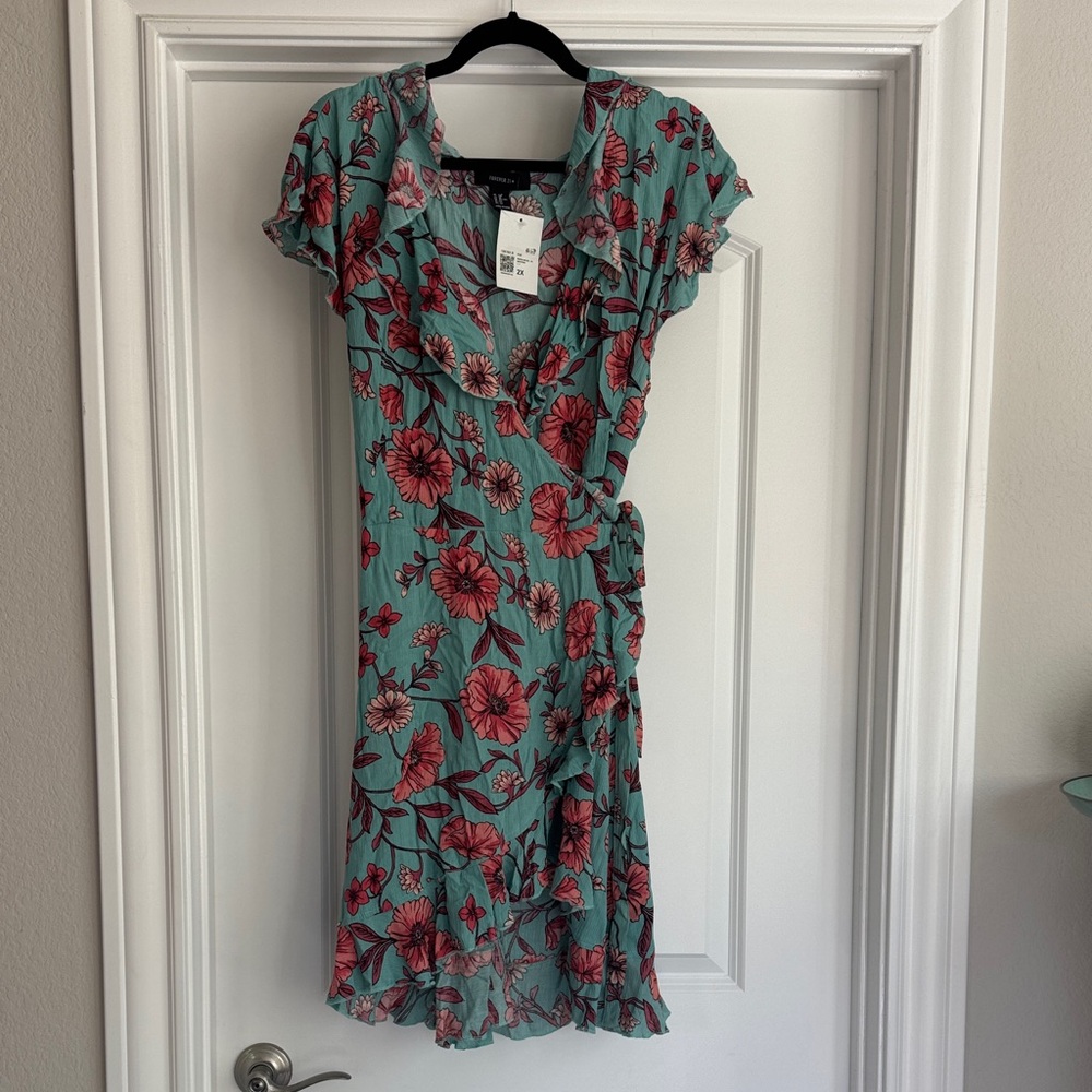 Forever 21 Teal and Pink Floral Wrap Mini Dress NWT 2X